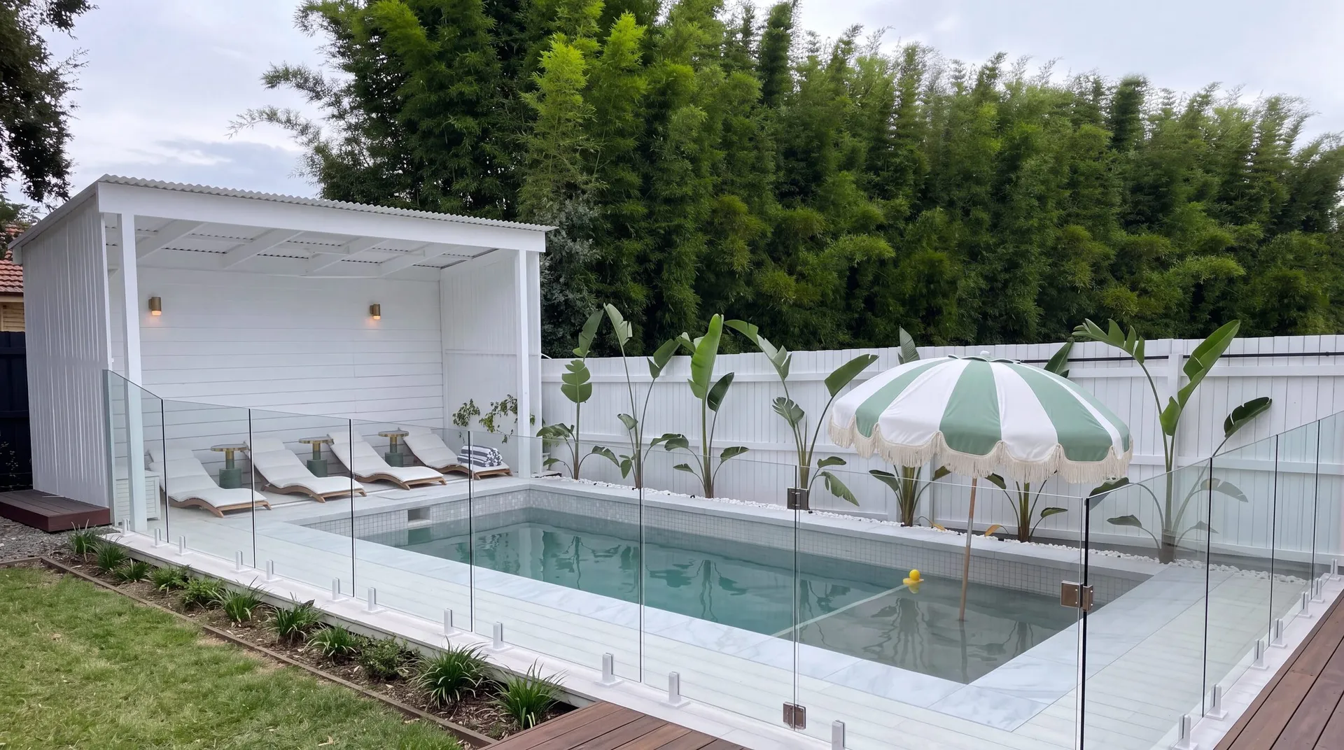 Bespoke custom concrete pool, cabana and landscaped garden, Brisbane